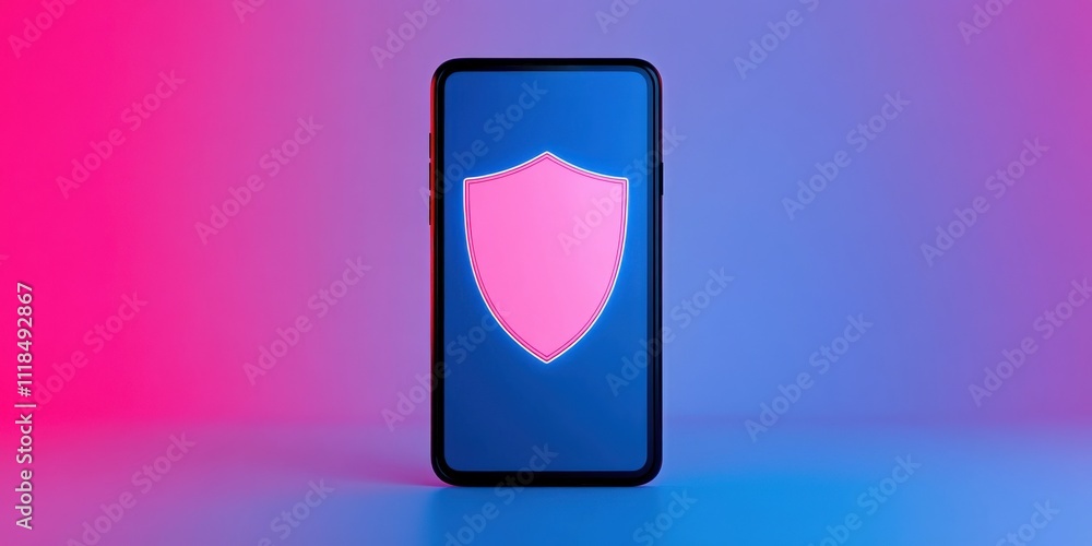 Poster spam call phone security concept. mobile phone displaying a shield icon on a colorful background.