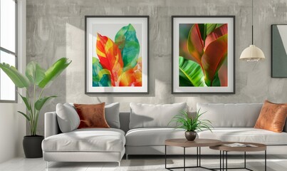 This modern living room showcases a cozy arrangement with a plush sofa and distinctive framed artwork