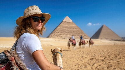 A traveler is seen riding a camel, heading towards the pyramids of Egypt, against the backdrop of a bright blue sky and the vast desert expanse.