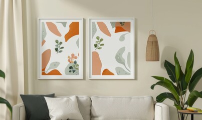 Two elegant picture frames adorn a cozy living room wall, featuring colorful abstract designs. The warm tones complement the natural decor, creating a peaceful atmosphere perfect for relaxation