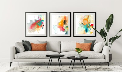 Bright splashes of color fill the frames on the wall, adding vibrancy to a contemporary living space. A cozy sofa and sleek tables create a welcoming atmosphere, perfect for relaxation