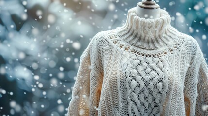 Snowflakes fall over a foggy winter setting as a mannequin sports a blank white conventional one winter knit jumper and space, Generative AI.