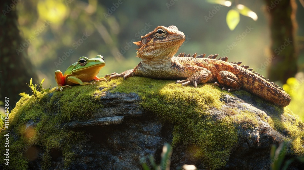 Poster a frog and a lizard bask on a moss-covered rock in a sunlit forest setting.