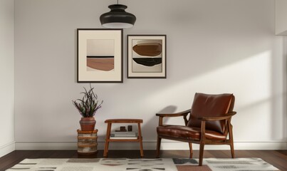 This chic living room features a cozy armchair and a side table complemented by two beautifully framed artworks on the wall. Natural light enhances the inviting atmosphere