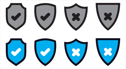 Shield with check mark and cross mark icon set