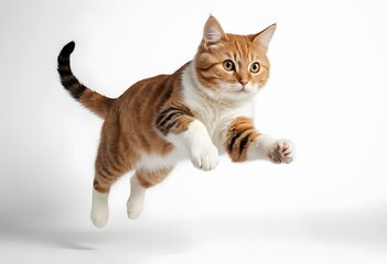 Obraz premium A captivating photo of a ginger cat mid-leap, showcasing its agility and grace against a clean white backdrop.