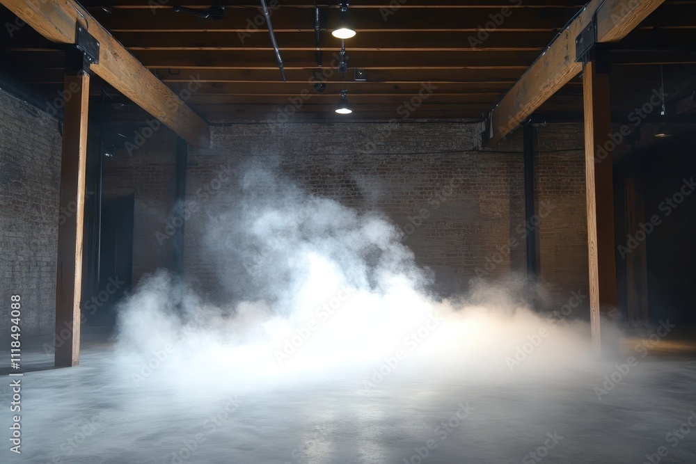 Poster an empty industrial space with fog creating a mysterious atmosphere.