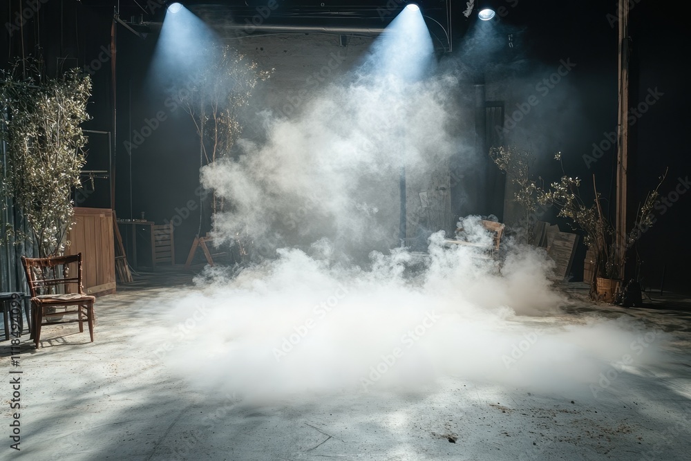 Poster a foggy stage setup with dramatic lighting, creating an atmospheric scene for performance.