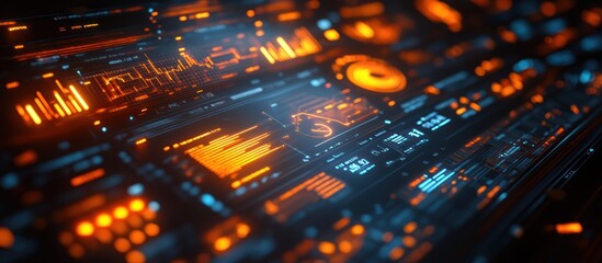 Futuristic digital interface with glowing graphs and charts.
