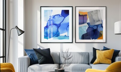 This carefully designed living room showcases a beautiful arrangement of two picture frames displaying vibrant abstract art. The cozy atmosphere is enhanced by modern furnishings and accents