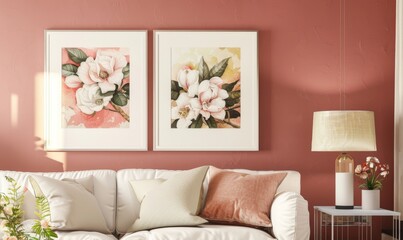 Within a beautifully designed living room, a vibrant set of floral picture frames adorns the wall above a cozy sofa. The soft color palette complements the serene atmosphere, inviting relaxation
