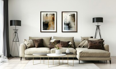 In a modern living room, two captivating picture frames hang symmetrically above a plush sofa
