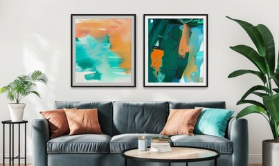 A cozy living room is enhanced by a pair of contemporary picture frames filled with colorful abstract art. The inviting sofa and decorative plant create a harmonious atmosphere