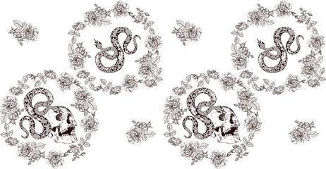Seamless pattern with brown skulls, snakes and floral designs on a white background, creating a unique and artistic design.	