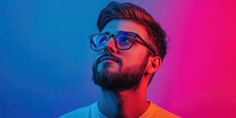 Man with beard and glasses looking up