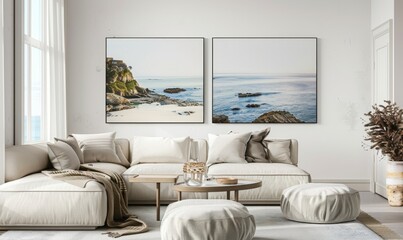 This cozy living room features a stylish set of two picture frames displaying tranquil coastal views, enhancing the warm ambiance with natural light and soft furnishings