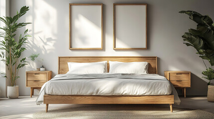 Fototapeta premium Minimalist Bedroom with Poster Frames and Wooden Furniture