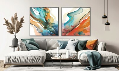 Brightly colored artwork adorns the walls of a modern living room, enhancing the inviting atmosphere created by a plush sofa and decorative cushions. Soft lighting complements the vibrant decor