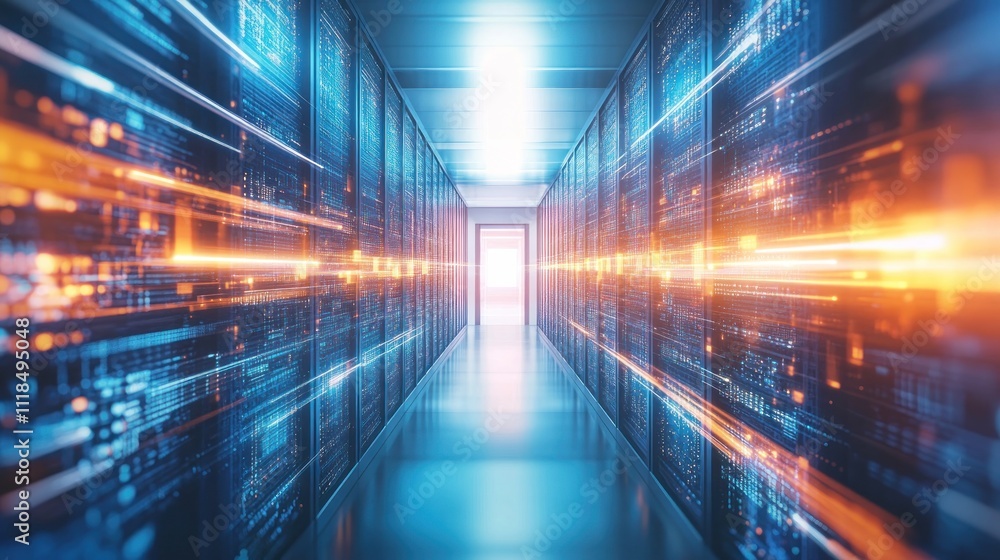 Poster a futuristic data center corridor with glowing lights and server racks.
