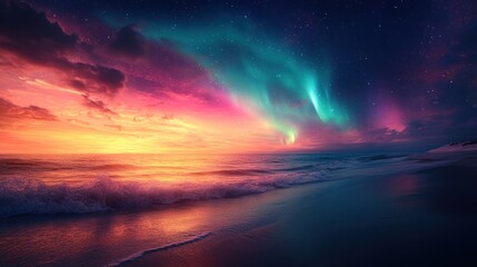Naklejka premium Vibrant aurora borealis over ocean sunset beach.