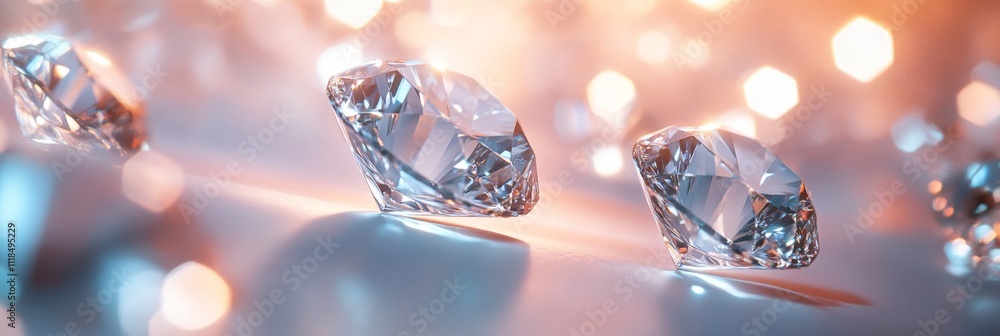 Poster sparkling diamonds on soft pink background with bokeh effect