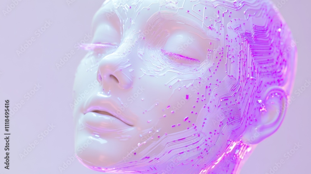 Poster a futuristic humanoid head with a circuit-like design, blending technology and art.