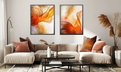 A stylish living room features a cozy sofa adorned with cushions and a coffee table. Above, two picture frames display captivating abstract art in warm colors, enhancing the space's artistic flair