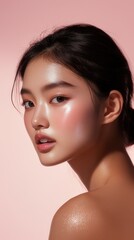 Portrait of an asian woman with glowing skin against a pink background, showcasing modern beauty trends.
