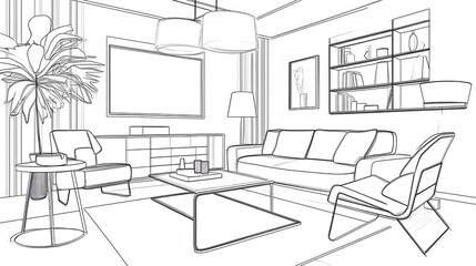 Fototapeta premium Minimalist line drawing of a modern living room interior.
