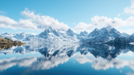 Obraz premium Serene snow-capped mountains reflected in a still lake under a bright blue sky.