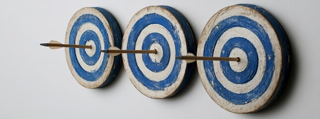Three blue and white targets with arrows hitting the bullseye.  Accuracy and precision concept.