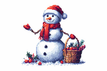 Snowman with a red hat and scarf holds a basket of berries and greenery standing on snow with scattered berries around.