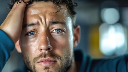 Fototapeta premium A tense man with tired eyes and sweaty forehead looks directly at the camera, conveying a strong feeling of worry, fatigue, or distress under pressing circumstances.