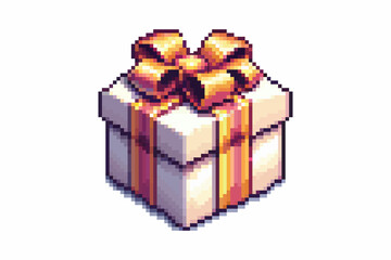Pixel art style gift box with a large golden bow on top and golden ribbons wrapped around it.