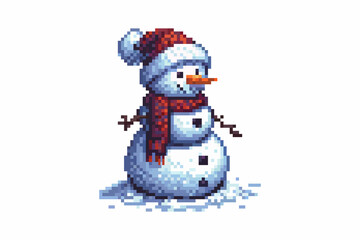 A pixel art snowman with a red hat and scarf stands on snow with stick arms and a carrot nose.
