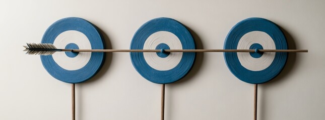 Arrow hitting the center of three targets.  Precision and accuracy concept. Multiple target with one arrow