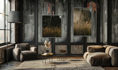 A cozy living room showcases a stylish mockup with two artistic picture frames elegantly hanging on the wall. Neutral colors and modern furnishings create a serene atmosphere, perfect for relaxation