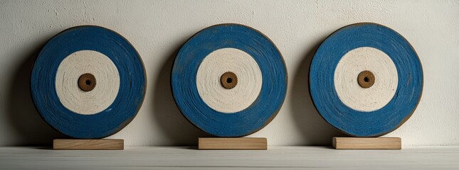 Three decorative blue and white target-like objects on wooden stands.