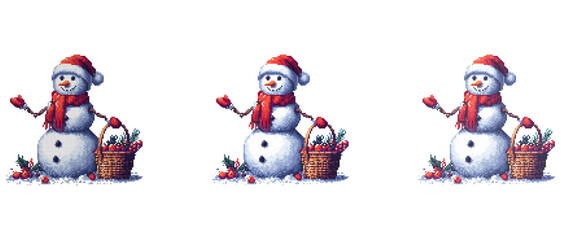 Snowman with a red hat and scarf holds a basket of berries and greenery standing on snow with scattered berries around.