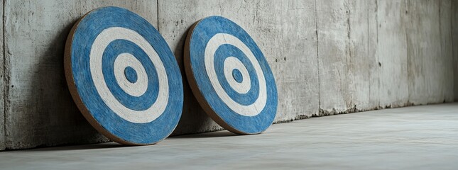 Two blue and white targets lean against a concrete wall.  A concept of aiming for goals.