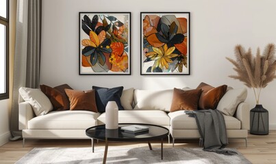 A beautifully arranged living room showcases a set of two picture frames adorned with colorful floral designs. The soft sofa, complemented by various cushions, invites relaxation and warmth