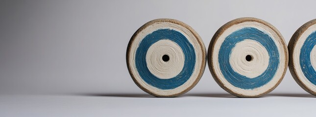 Three rustic wooden spools with blue and white concentric circles.  Simple, minimalist design.