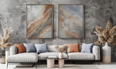 In a sophisticated living room setting, two chic picture frames hang prominently, featuring captivating abstract artwork. The stylish decor complements the neutral tones of the furniture and walls