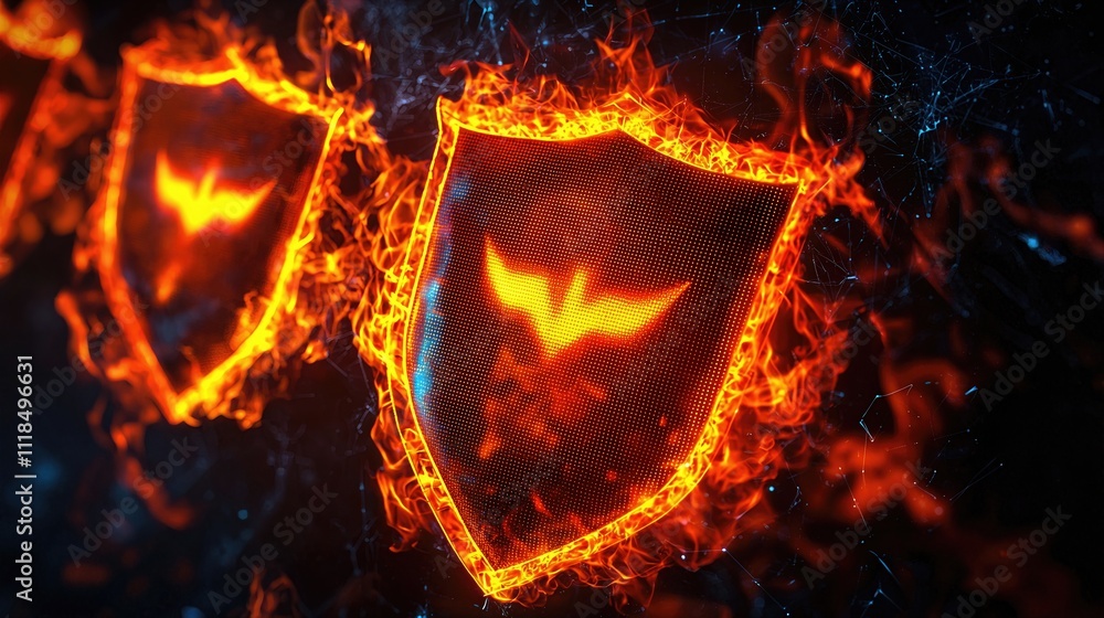 Poster cyberattack prevention, data streams under attack, with firewalls and shields visibly blocking the i