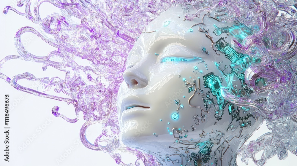 Poster a futuristic, abstract representation of a humanoid face with digital and organic elements.