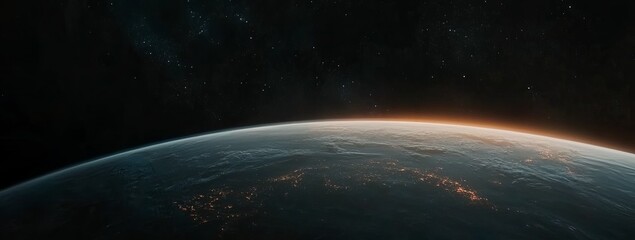 Stunning view of Earth from space, showcasing city lights at sunset.