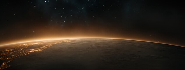 Golden hour on a distant planet. Breathtaking view of Earth-like planet from space.