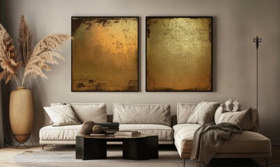 In a contemporary living room setting, two elegant picture frames adorn the wall, showcasing a warm, inviting atmosphere
