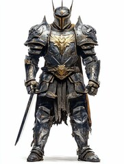 Fototapeta premium Dark, ornate armor; warrior; sword; white background.