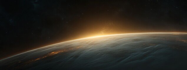 Golden sunrise over a distant planet. A breathtaking view of space.
